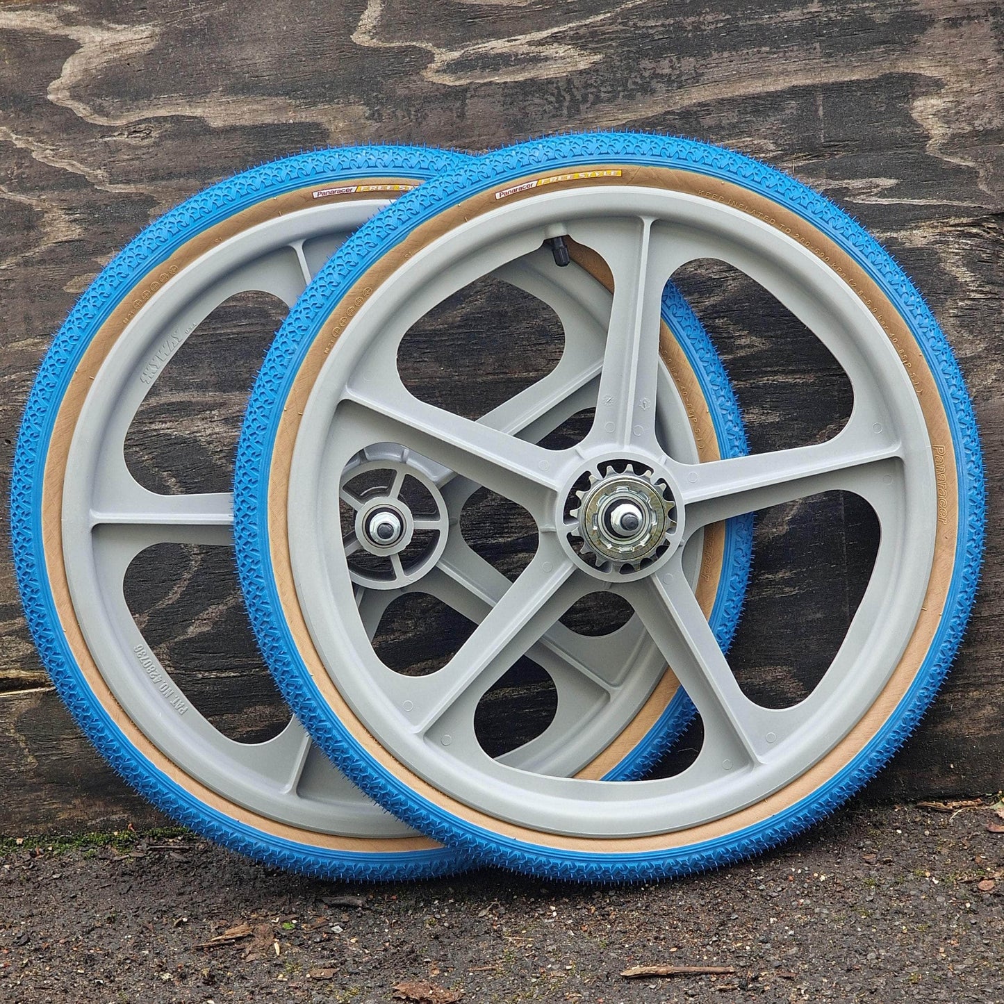 Skyway Old School BMX GREY Wheels with BLUE Tyres Skyway Tuff Wheels with fitted Panaracer Freestyle Tyres and Freewheel Pair