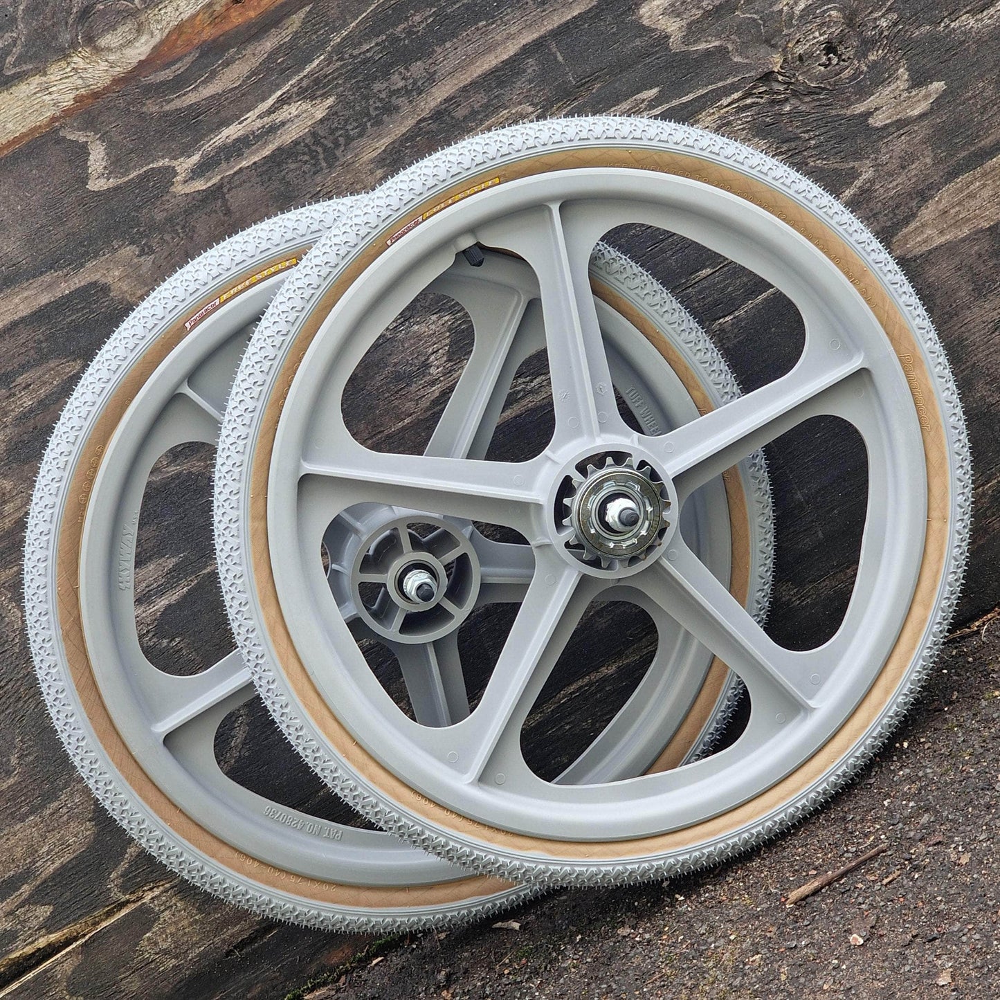 Skyway Old School BMX GREY Wheels with GREY Tyres Skyway Tuff Wheels with fitted Panaracer Freestyle Tyres and Freewheel Pair