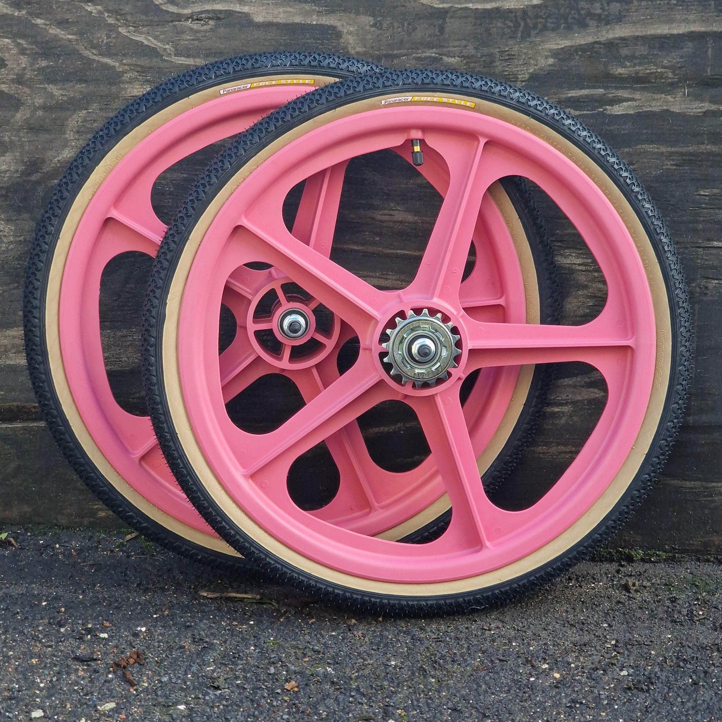 Skyway Old School BMX PINK Wheels with BLACK Tyres Skyway Tuff Wheels with fitted Panaracer Freestyle Tyres and Freewheel Pair