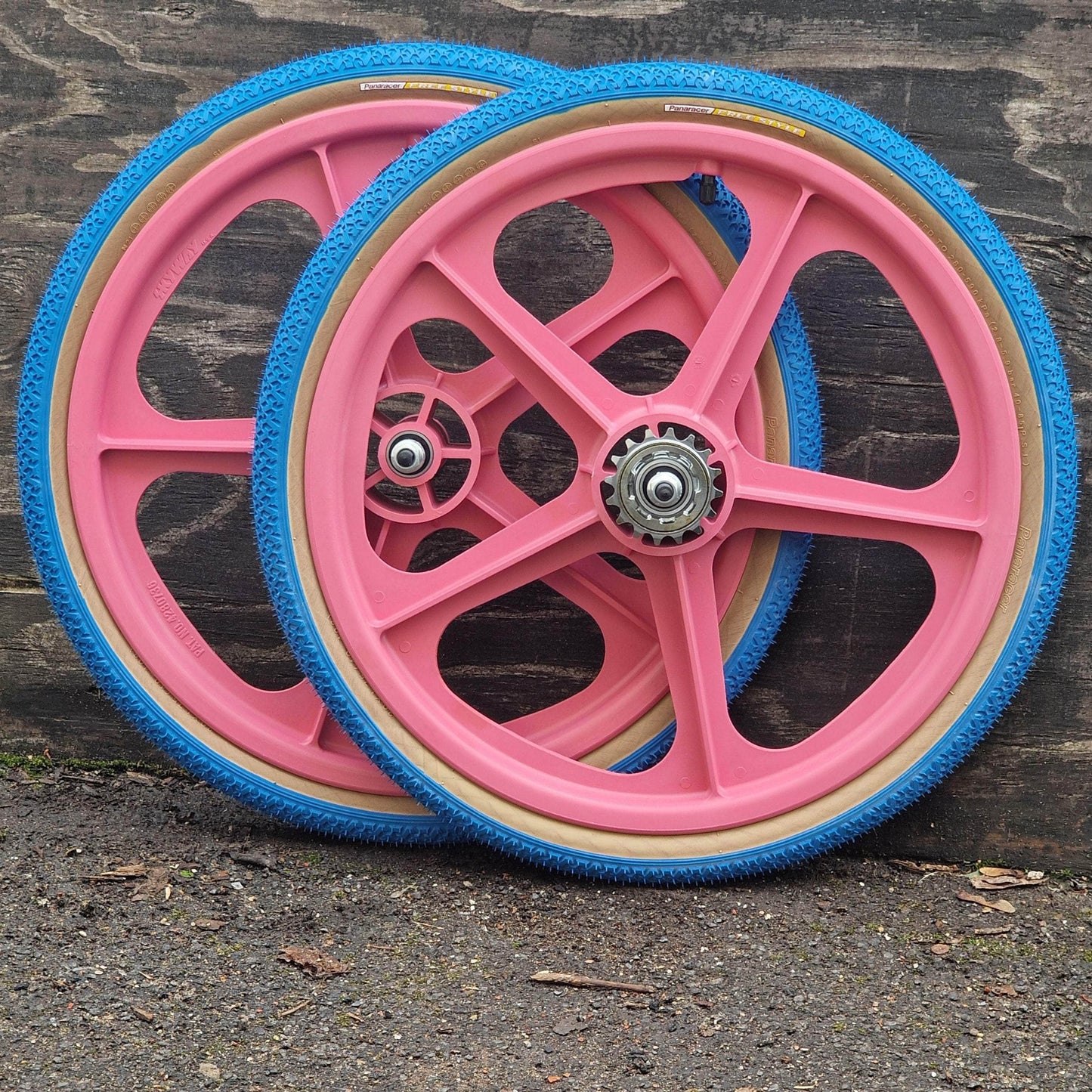 Skyway Old School BMX PINK Wheels with BLUE Tyres Skyway Tuff Wheels with fitted Panaracer Freestyle Tyres and Freewheel Pair