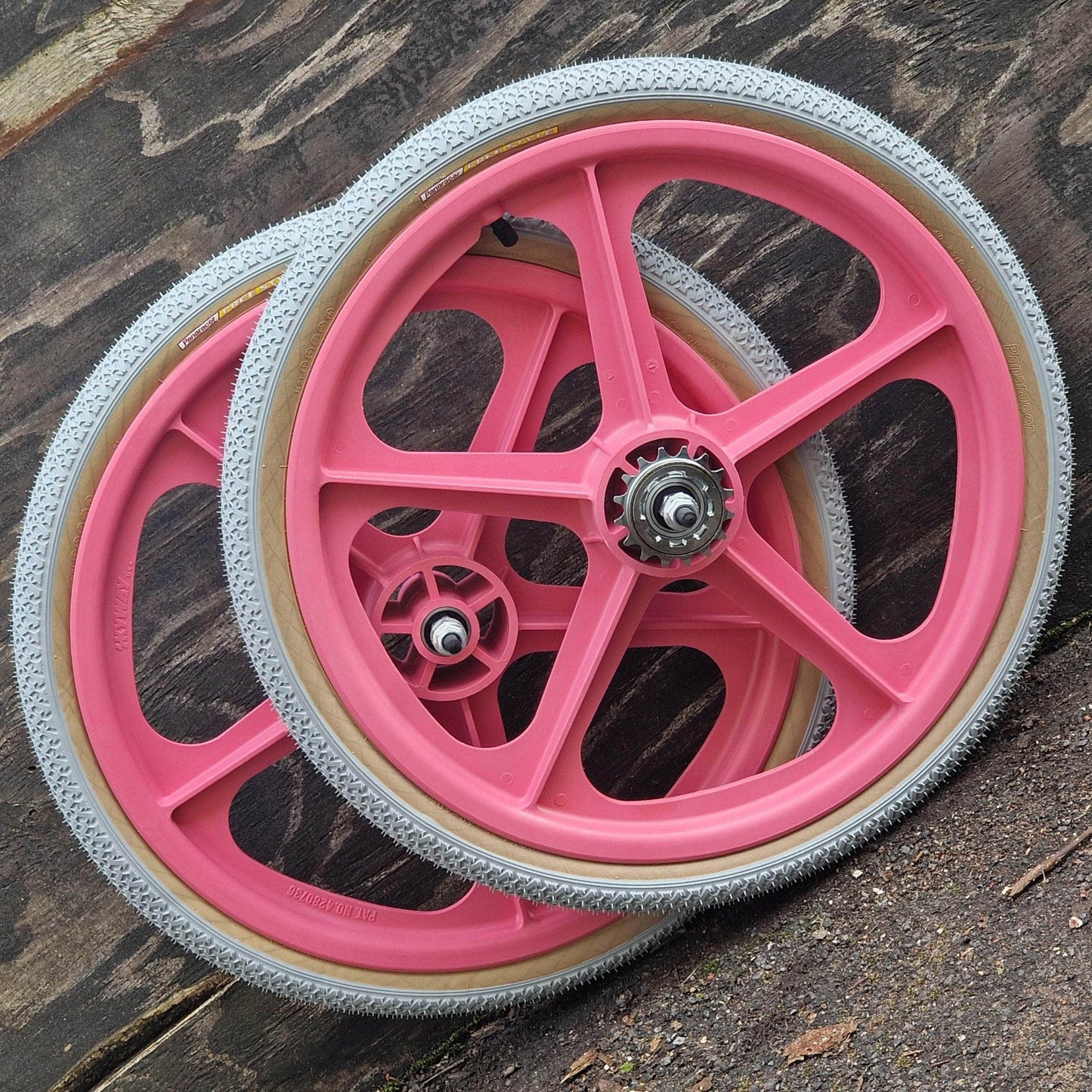 Skyway Old School BMX PINK Wheels with GREY Tyres Skyway Tuff Wheels with fitted Panaracer Freestyle Tyres and Freewheel Pair