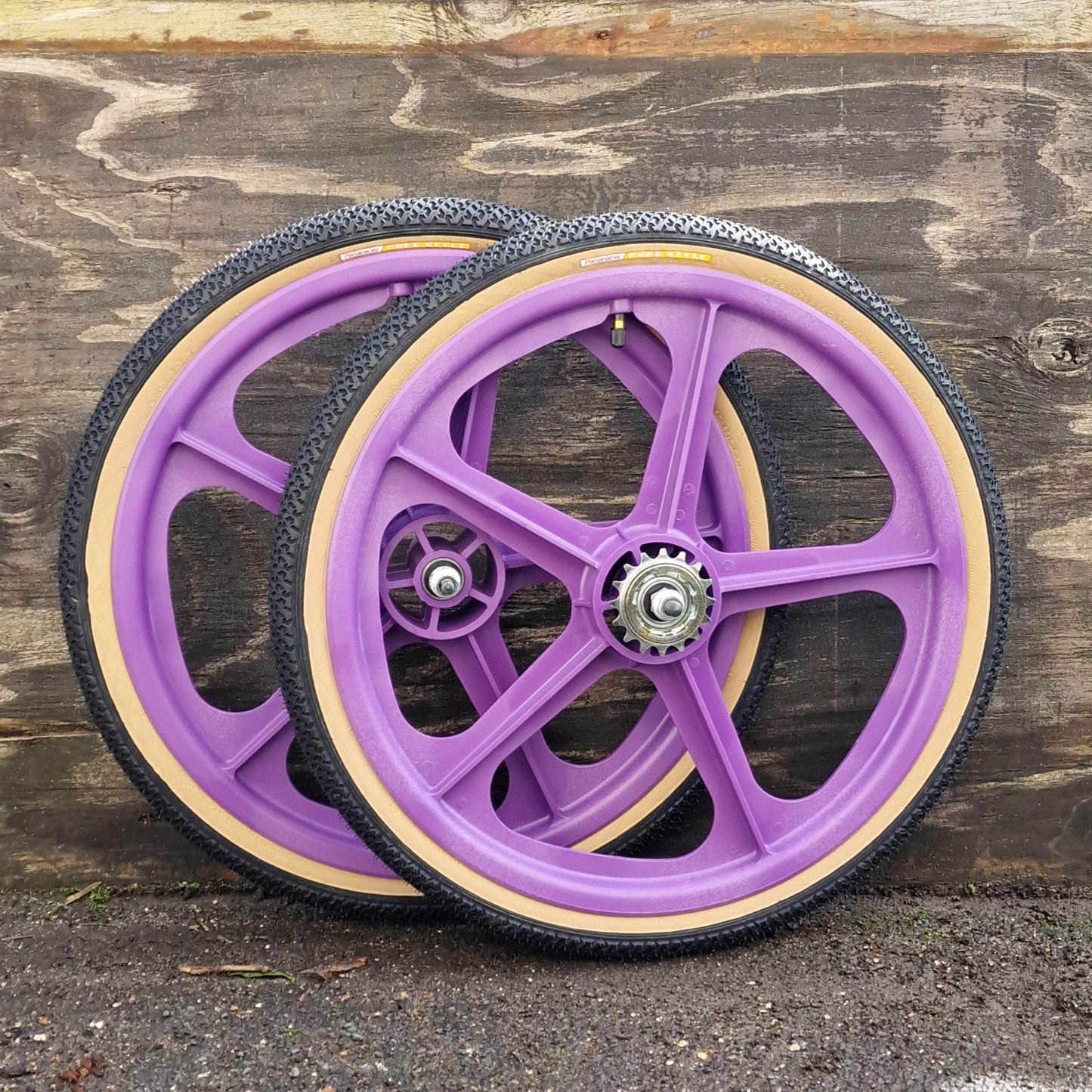 Skyway Old School BMX PURPLE Wheels with BLACK Tyres Skyway Tuff Wheels with fitted Panaracer Freestyle Tyres and Freewheel Pair