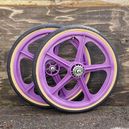 Skyway Old School BMX PURPLE Wheels with BLACK Tyres Skyway Tuff Wheels with fitted Panaracer Freestyle Tyres and Freewheel Pair