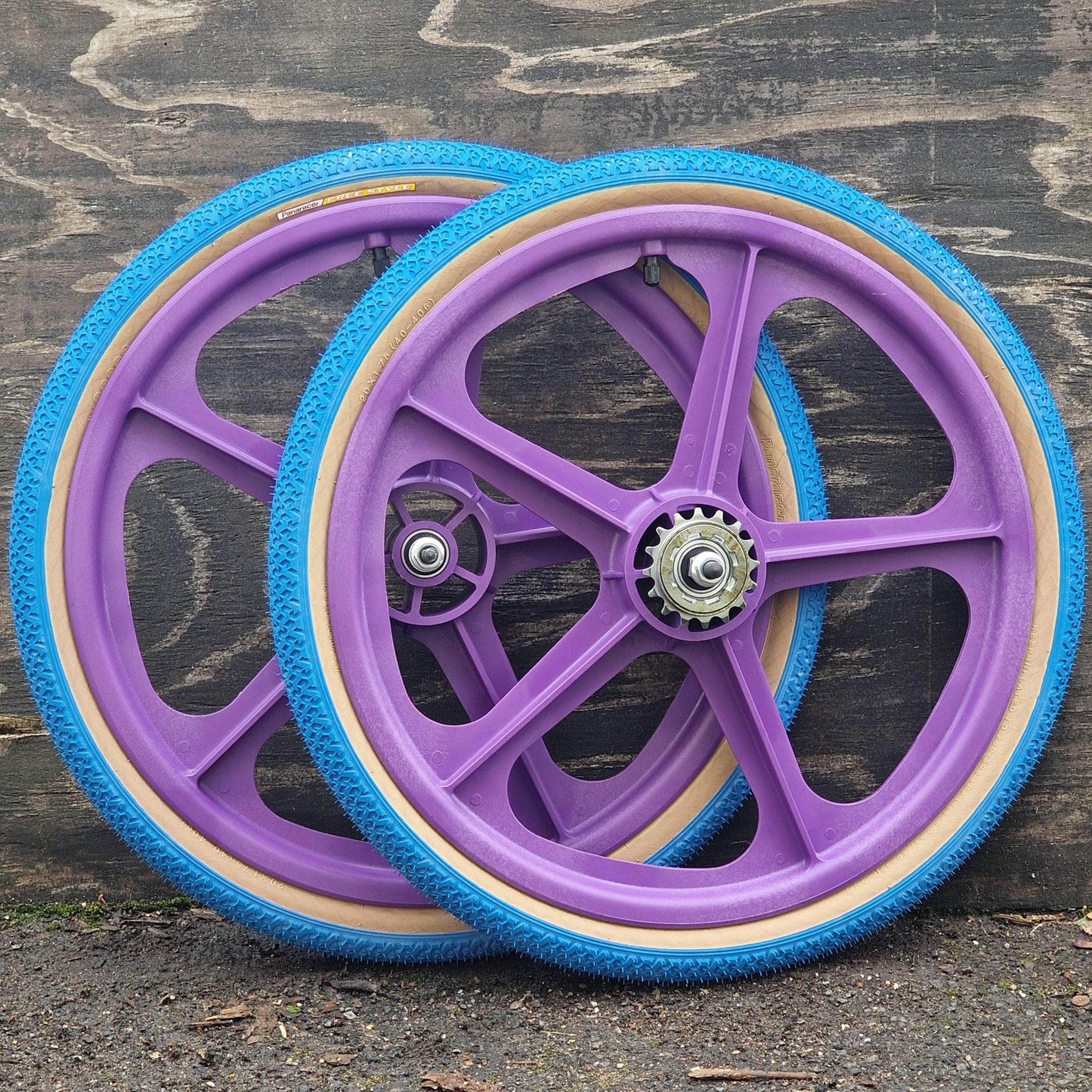 Skyway Old School BMX PURPLE Wheels with BLUE Tyres Skyway Tuff Wheels with fitted Panaracer Freestyle Tyres and Freewheel Pair
