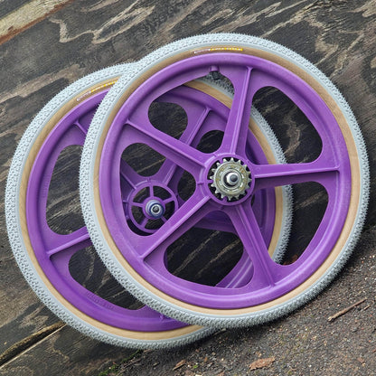 Skyway Old School BMX PURPLE Wheels with GREY Tyres Skyway Tuff Wheels with fitted Panaracer Freestyle Tyres and Freewheel Pair