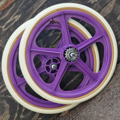 Skyway Old School BMX PURPLE Wheels with WHITE Tyres Skyway Tuff Wheels with fitted Panaracer Freestyle Tyres and Freewheel Pair