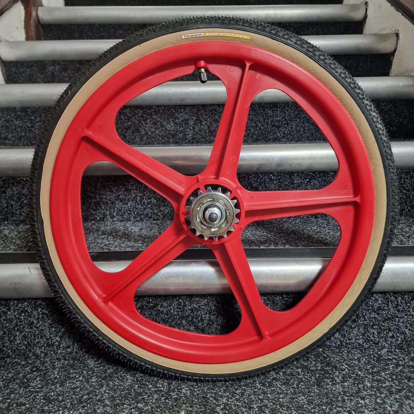 Skyway Old School BMX RED Wheels with BLACK Tyres Skyway Tuff Wheels with fitted Panaracer Freestyle Tyres and Freewheel Pair