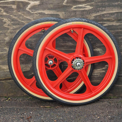 Skyway Old School BMX RED Wheels with BLACK Tyres Skyway Tuff Wheels with fitted Panaracer Freestyle Tyres and Freewheel Pair