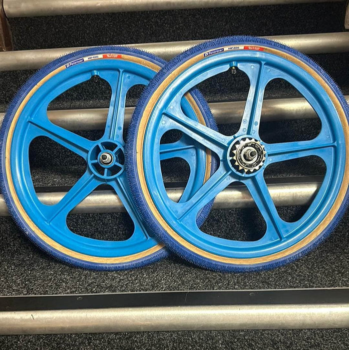 Skyway Old School BMX AQUA Wheels with BLUE Tyres Skyway Tuff Wheels with fitted Panaracer HP406 Tyres and Freewheel Pair