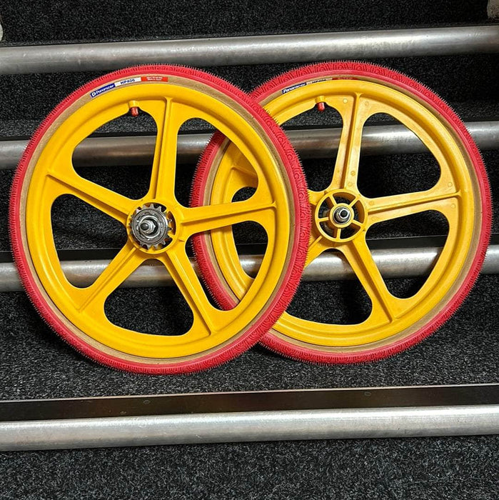 Skyway Old School BMX YELLOW Wheels with RED Tyres Skyway Tuff Wheels with fitted Panaracer HP406 Tyres and Freewheel Pair