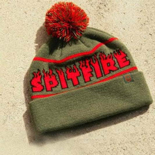 Santa Cruz Clothing & Shoes Olive / Red / Black Spitfire Demonseed Script Pom Beanie Olive / Red / Black