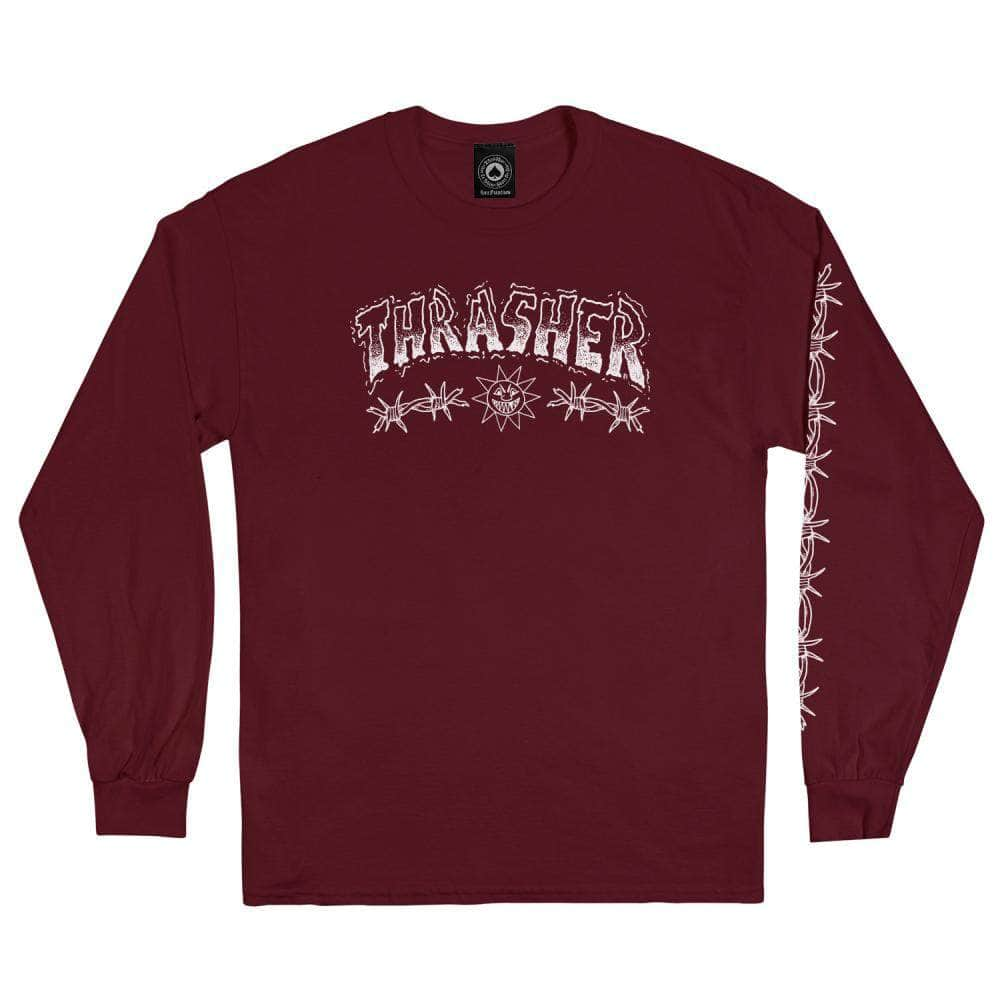 Thrasher Clothing & Shoes Thrasher Barbed Wire Long Sleeve T-Shirt  Maroon