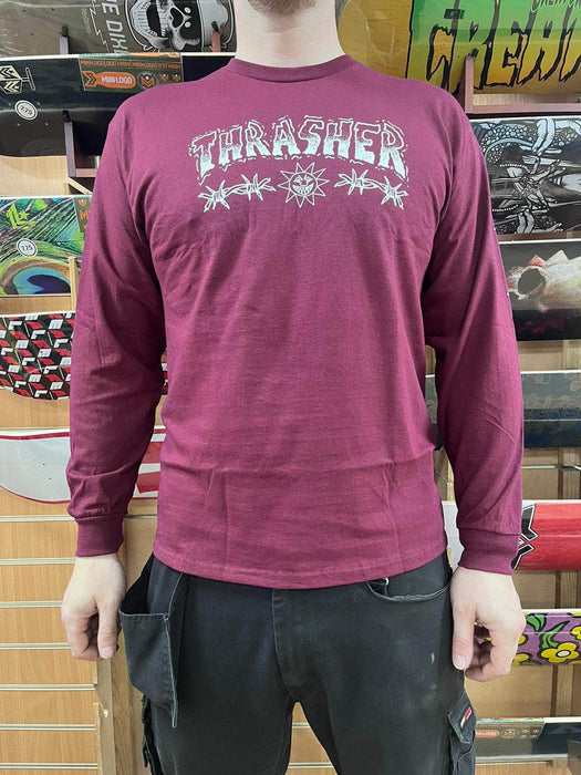Thrasher Clothing & Shoes Thrasher Barbed Wire Long Sleeve T-Shirt  Maroon
