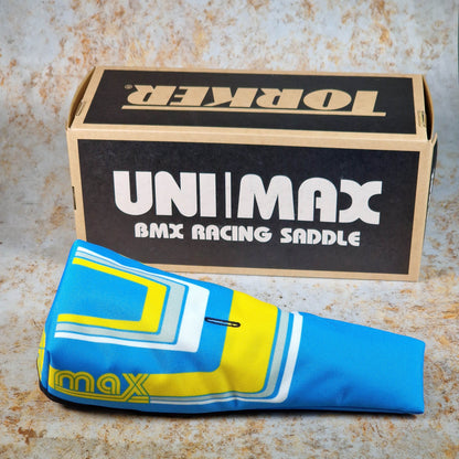 MAX USA Old School BMX Blue / Yellow / White Torker Uni-Max Padded Pivotal Seat