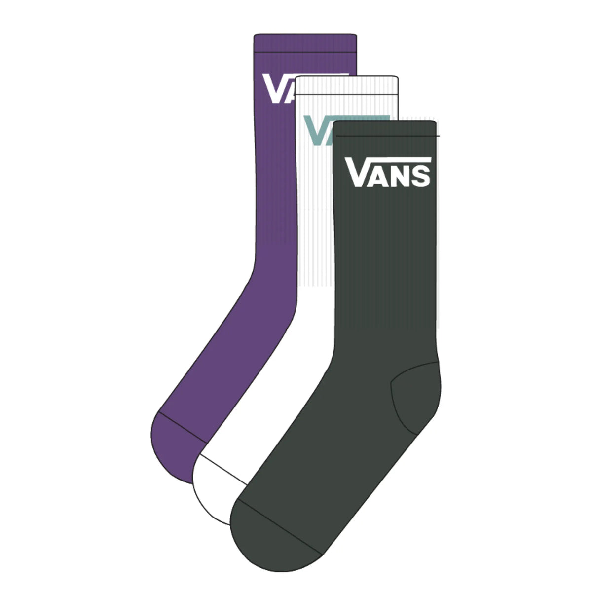 Vans Clothing & Shoes UK 8.5 - 12 / Green / White / Purple Vans Crew ROX Socks 3 Pack Green/White/Purple