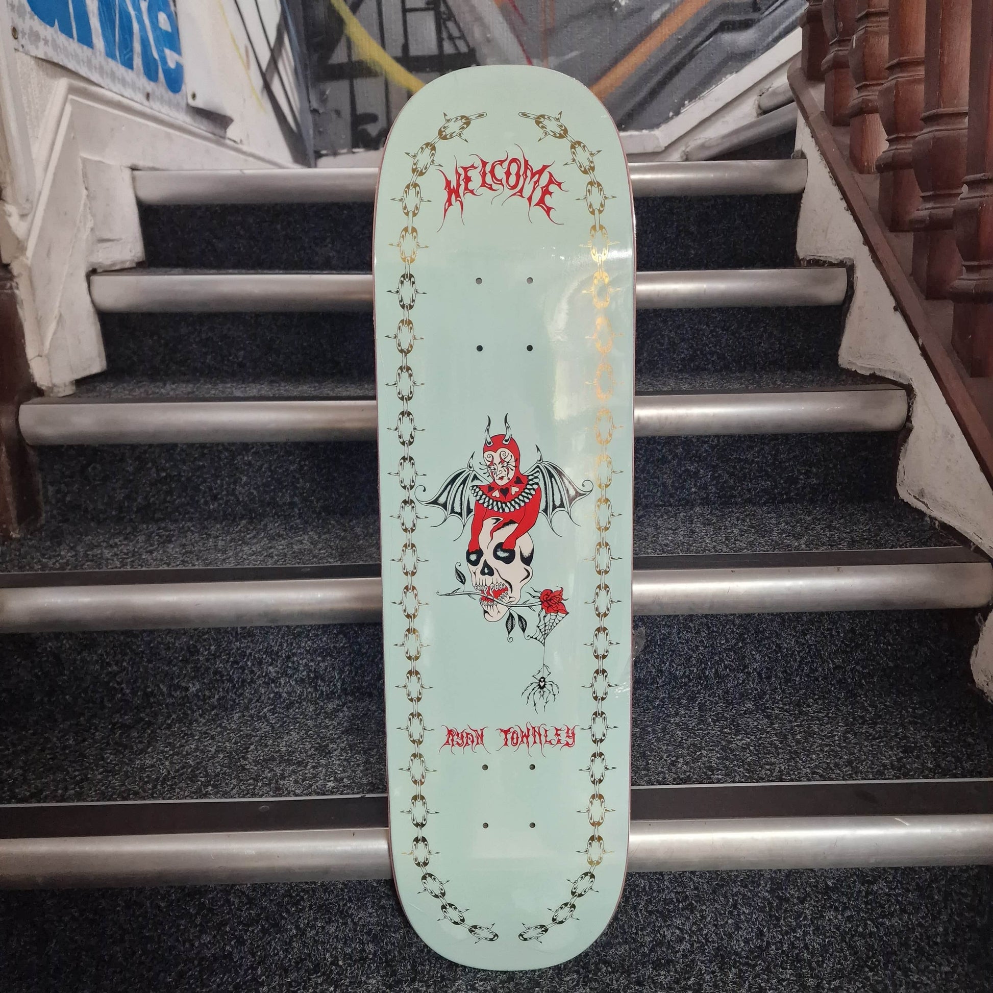 Welcome Skateboards 8.6 Welcome Townley Angel on Enera 8.6" Light Teal / Gold Foil Skateboard Deck