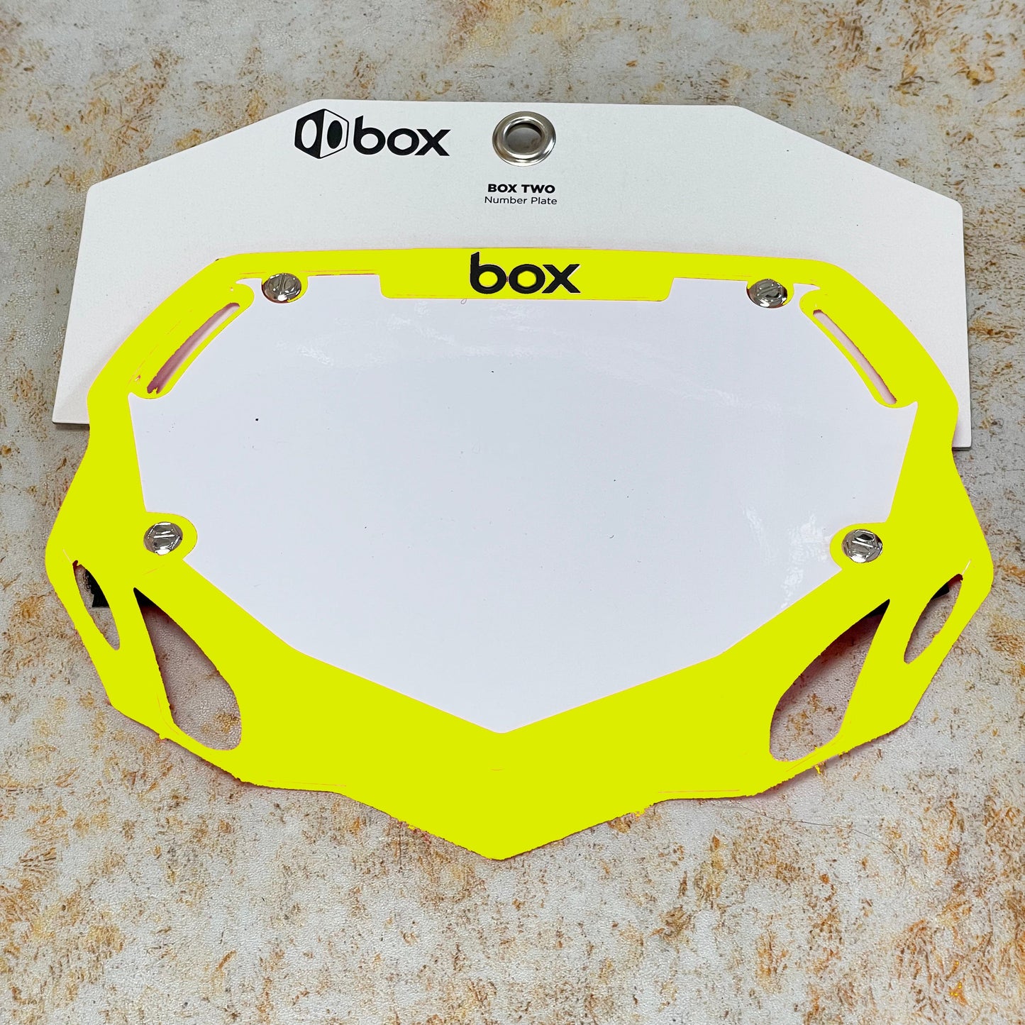 Box BMX Racing Flo Yellow Box Phase 1 Number Plate Small with Number and Name