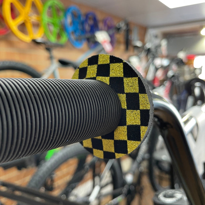 Flite Old School BMX Black/Gold Flite Grip Donuts Anodised Checkers