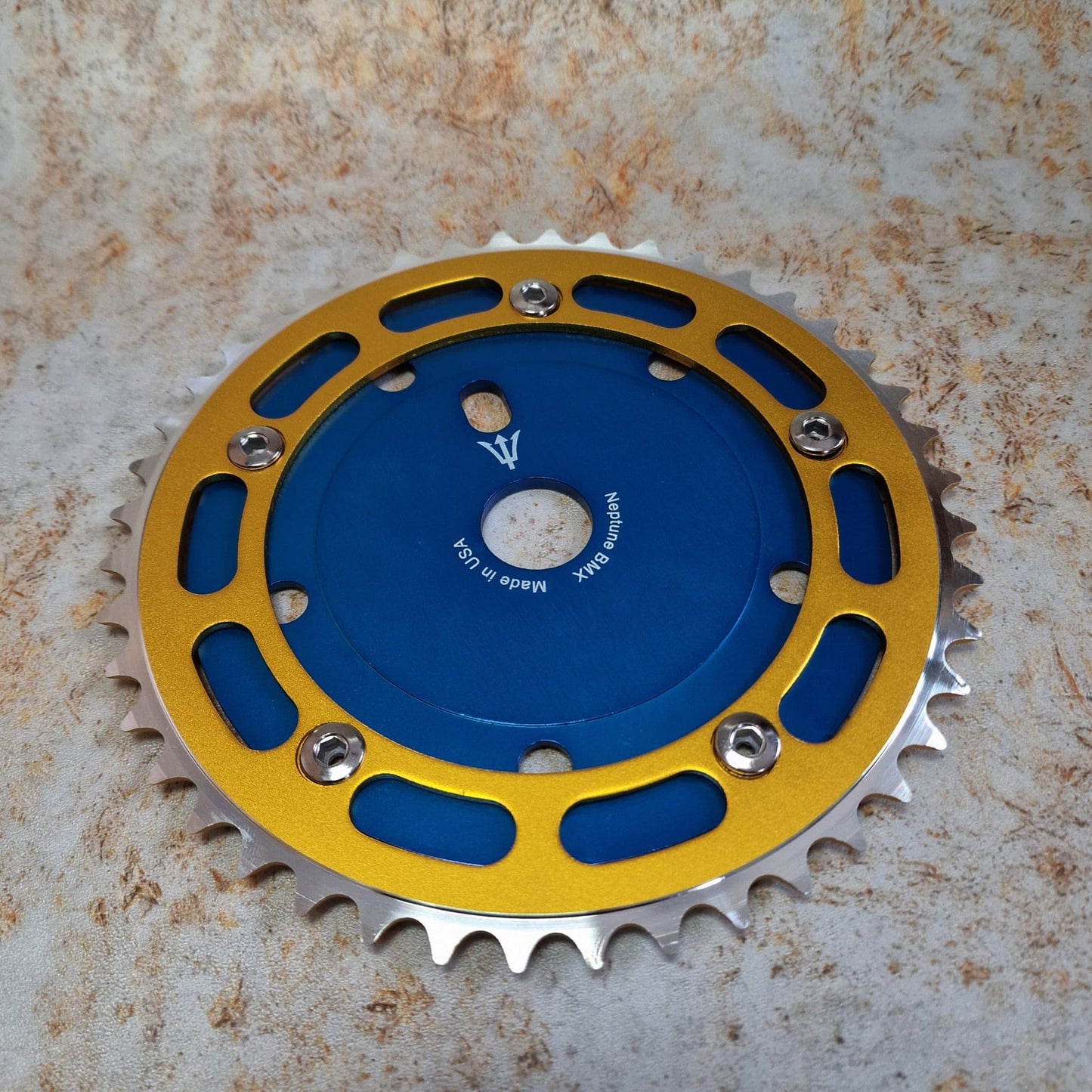 Neptune BMX Old School BMX Blue / Gold Neptune Crank Power Disc Bolts and Chainring Set