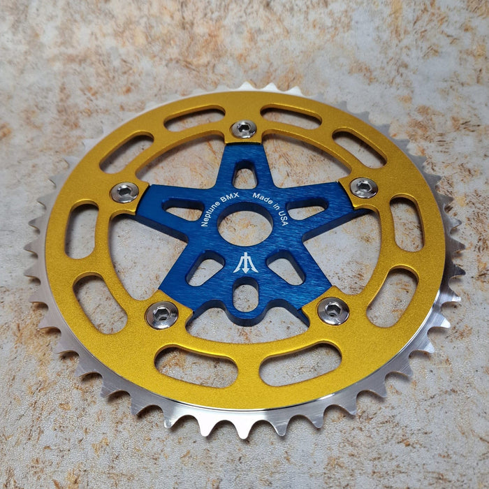 Neptune BMX Old School BMX Blue / Gold Neptune Starfish Crank Spider Bolts and Chainring Set