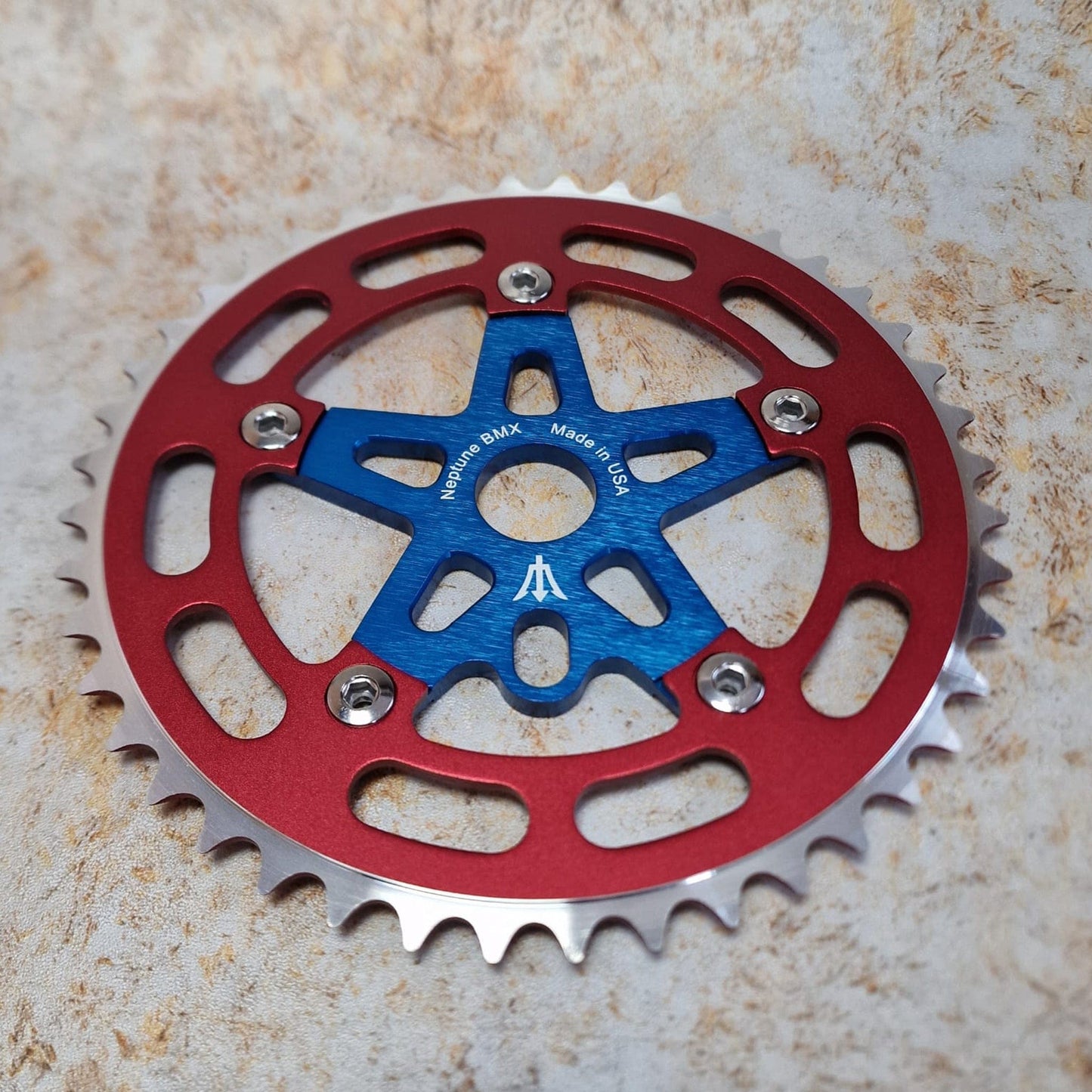 Neptune BMX Old School BMX Blue / Red Neptune Starfish Crank Spider Bolts and Chainring Set