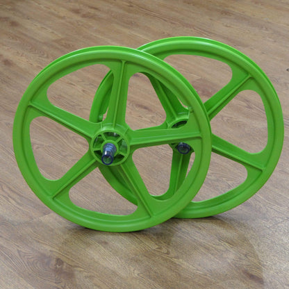 Skyway Old School BMX Green / Black Skyway Tuff II BMX Wheels 20 Inch Pair Front and Rear with GT LP-5 Tyres Fitted