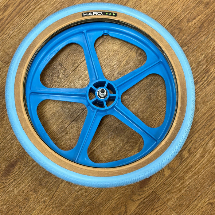 Skyway Old School BMX AQUA Wheels with BLUE Tyres Skyway Tuff Wheels with fitted Haro HPF Tyres and Freewheel Pair