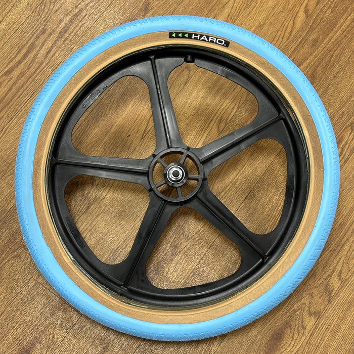 Skyway Old School BMX BLACK Wheels BLUE Tyres Skyway Tuff Wheels with fitted Haro HPF Tyres and Freewheel Pair