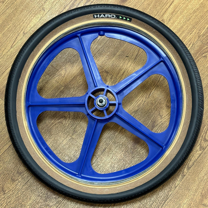Skyway Old School BMX BLUE Wheels with BLACK Tyres Skyway Tuff Wheels with fitted Haro HPF Tyres and Freewheel Pair