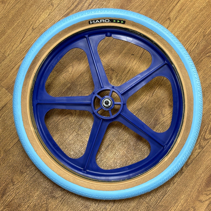 Skyway Old School BMX BLUE Wheels with BLUE Tyres Skyway Tuff Wheels with fitted Haro HPF Tyres and Freewheel Pair