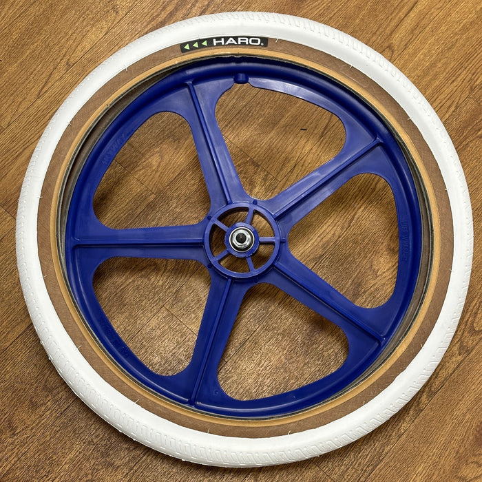 Skyway Old School BMX BLUE Wheels with WHITE Tyres Skyway Tuff Wheels with fitted Haro HPF Tyres and Freewheel Pair