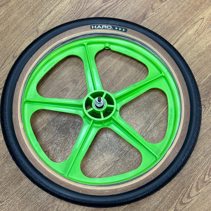Skyway Old School BMX GREEN Wheels with BLACK Tyres Skyway Tuff Wheels with fitted Haro HPF Tyres and Freewheel Pair