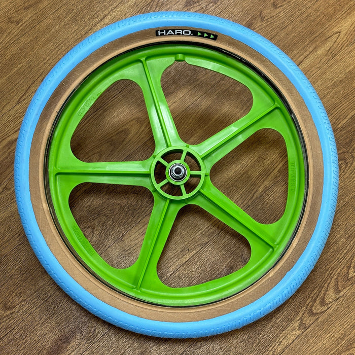 Skyway Old School BMX GREEN Wheels with BLUE Tyres Skyway Tuff Wheels with fitted Haro HPF Tyres and Freewheel Pair
