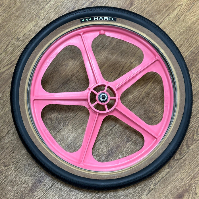 Skyway Old School BMX PINK Wheels with BLACK Tyres Skyway Tuff Wheels with fitted Haro HPF Tyres and Freewheel Pair