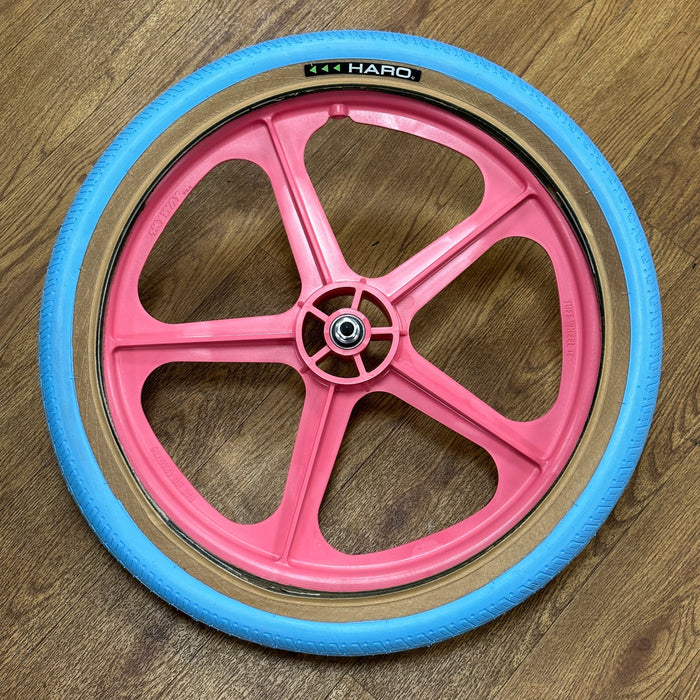 Skyway Old School BMX PINK Wheels with BLUE Tyres Skyway Tuff Wheels with fitted Haro HPF Tyres and Freewheel Pair