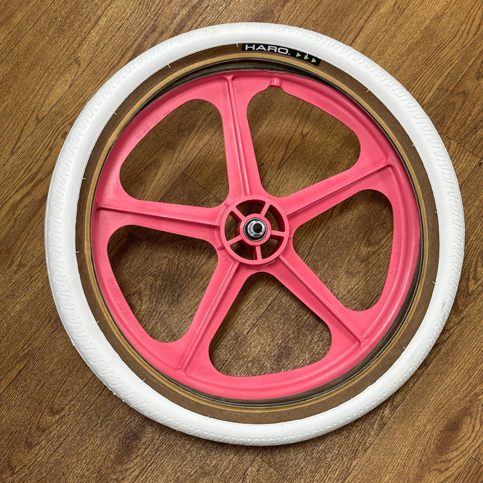 Skyway Old School BMX PINK Wheels with WHITE Tyres Skyway Tuff Wheels with fitted Haro HPF Tyres and Freewheel Pair