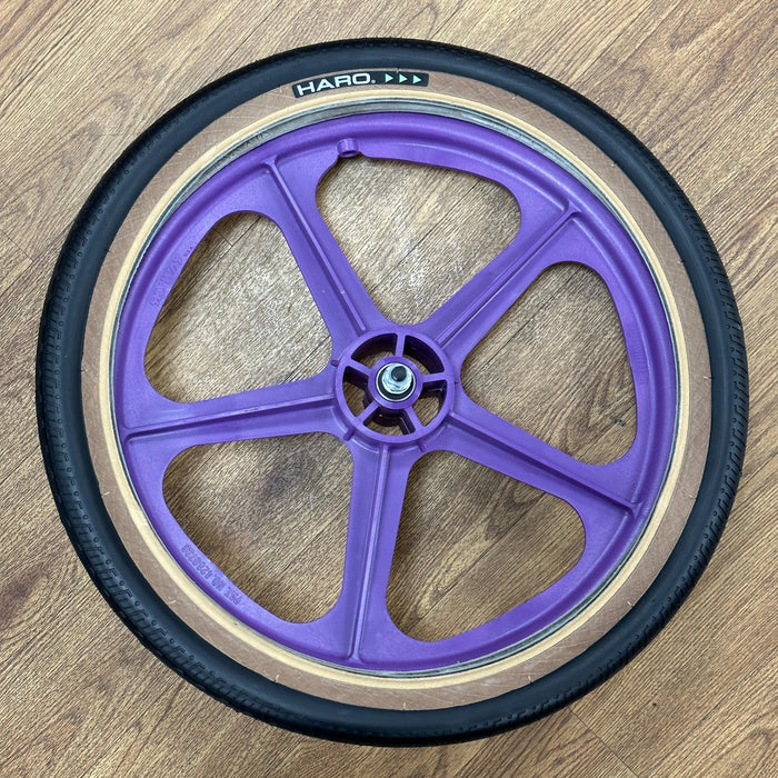Skyway Old School BMX PURPLE Wheels with BLACK Tyres Skyway Tuff Wheels with fitted Haro HPF Tyres and Freewheel Pair