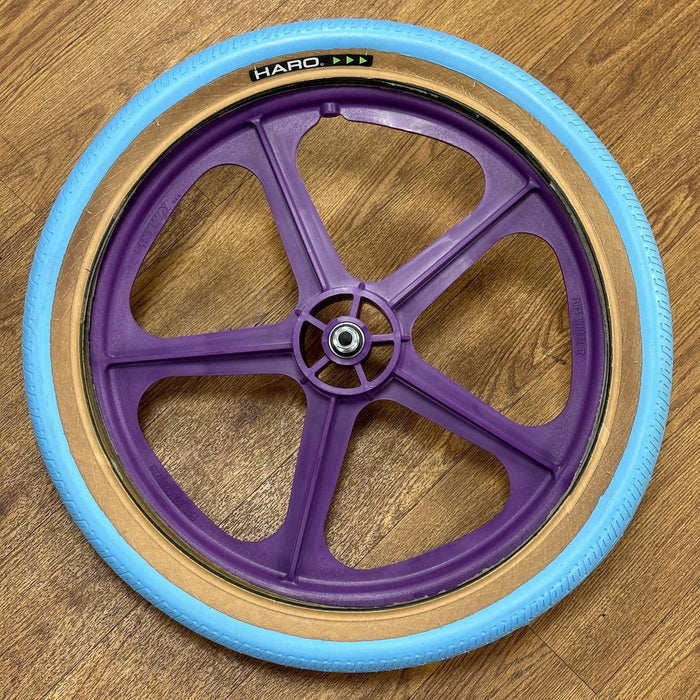 Skyway Old School BMX PURPLE Wheels with BLUE Tyres Skyway Tuff Wheels with fitted Haro HPF Tyres and Freewheel Pair