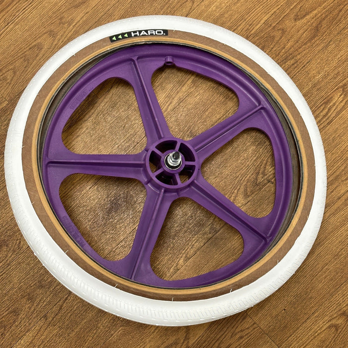 Skyway Old School BMX PURPLE Wheels with WHITE Tyres Skyway Tuff Wheels with fitted Haro HPF Tyres and Freewheel Pair