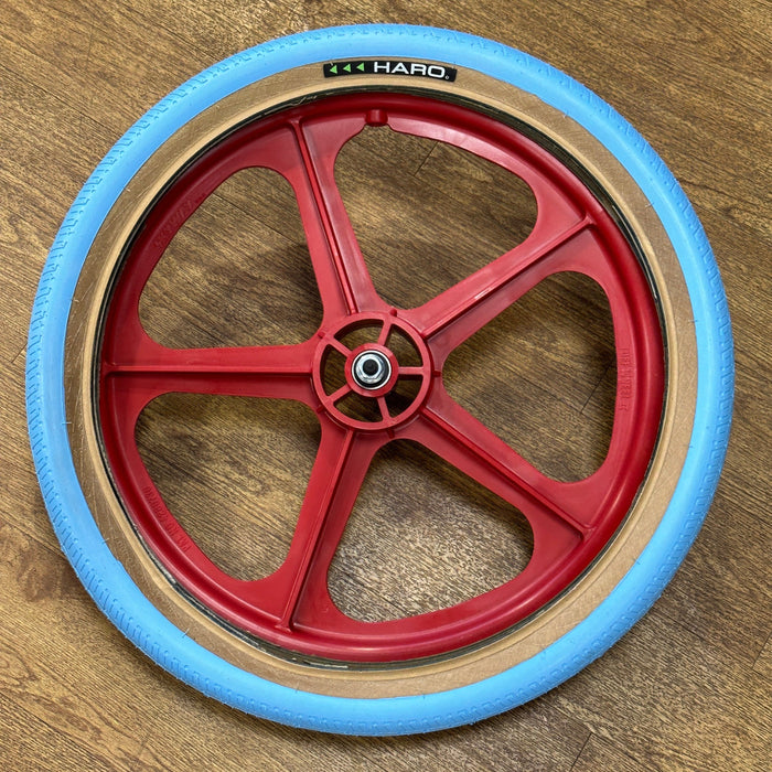 Skyway Old School BMX RED Wheels with BLUE Tyres Skyway Tuff Wheels with fitted Haro HPF Tyres and Freewheel Pair