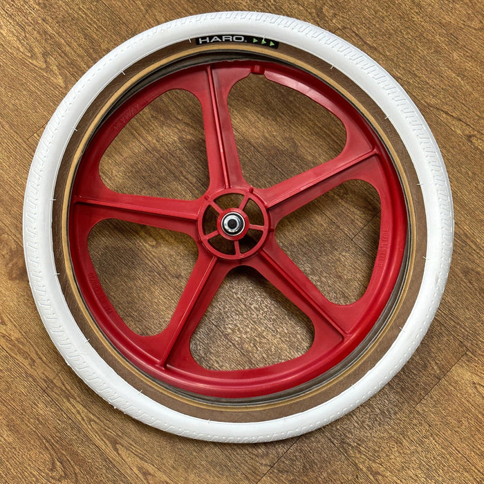 Skyway Old School BMX RED Wheels with WHITE Tyres Skyway Tuff Wheels with fitted Haro HPF Tyres and Freewheel Pair
