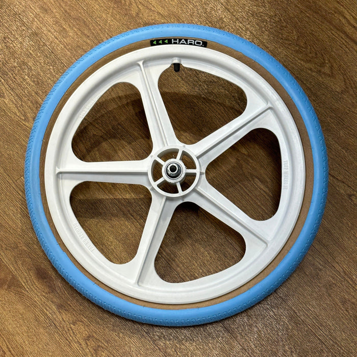 Skyway Old School BMX WHITE Wheels BLUE Tyres Skyway Tuff Wheels with fitted Haro HPF Tyres and Freewheel Pair