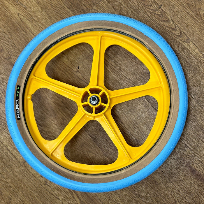 Skyway Old School BMX YELLOW Wheels with BLUE Tyres Skyway Tuff Wheels with fitted Haro HPF Tyres and Freewheel Pair