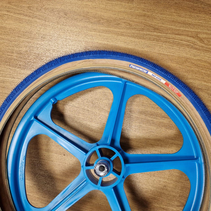Skyway Old School BMX AQUA Wheels with BLUE Tyres Skyway Tuff Wheels with fitted Panaracer HP406 Tyres and Freewheel Pair
