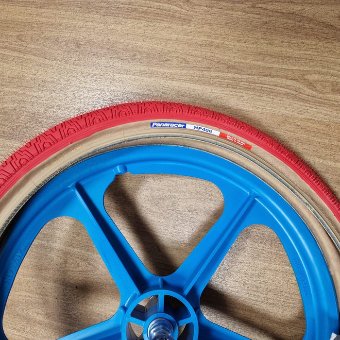 Skyway Old School BMX AQUA Wheels with RED Tyres Skyway Tuff Wheels with fitted Panaracer HP406 Tyres and Freewheel Pair
