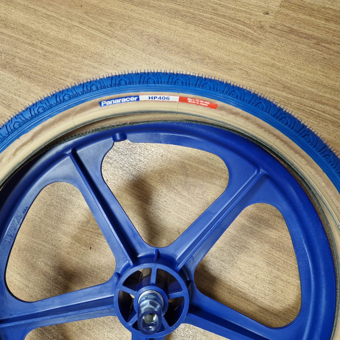 Skyway Old School BMX BLUE Wheels with BLUE Tyres Skyway Tuff Wheels with fitted Panaracer HP406 Tyres and Freewheel Pair