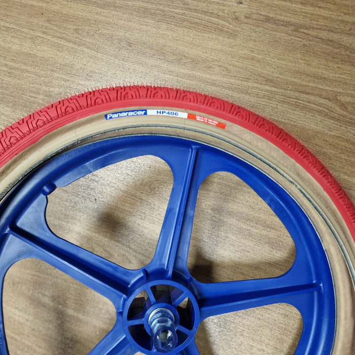 Skyway Old School BMX BLUE Wheels with RED Tyres Skyway Tuff Wheels with fitted Panaracer HP406 Tyres and Freewheel Pair