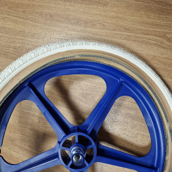 Skyway Old School BMX BLUE Wheels with WHITE Tyres Skyway Tuff Wheels with fitted Panaracer HP406 Tyres and Freewheel Pair