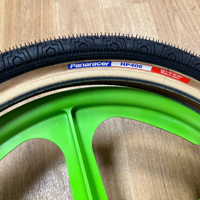 Skyway Old School BMX GREEN Wheels with BLACK Tyres Skyway Tuff Wheels with fitted Panaracer HP406 Tyres and Freewheel Pair