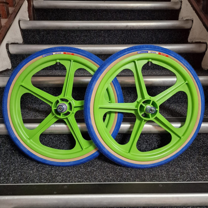 Skyway Old School BMX GREEN Wheels with BLUE Tyres Skyway Tuff Wheels with fitted Panaracer HP406 Tyres and Freewheel Pair